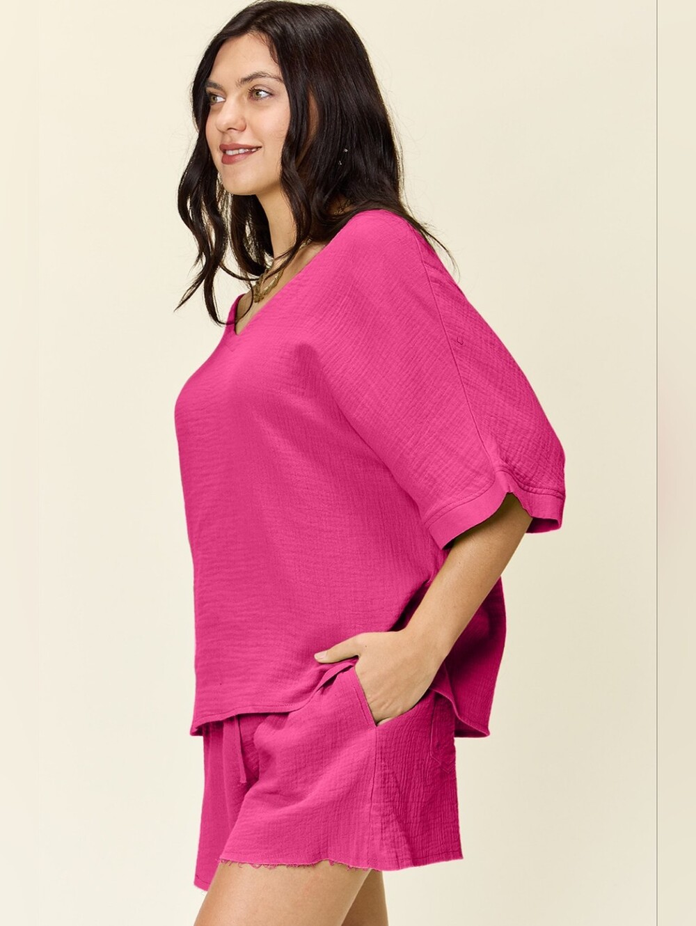 Women's Pink V-Neck Top & Matching High Waist Shorts Set- Full & Plus Sizes - Picture 2 of 6